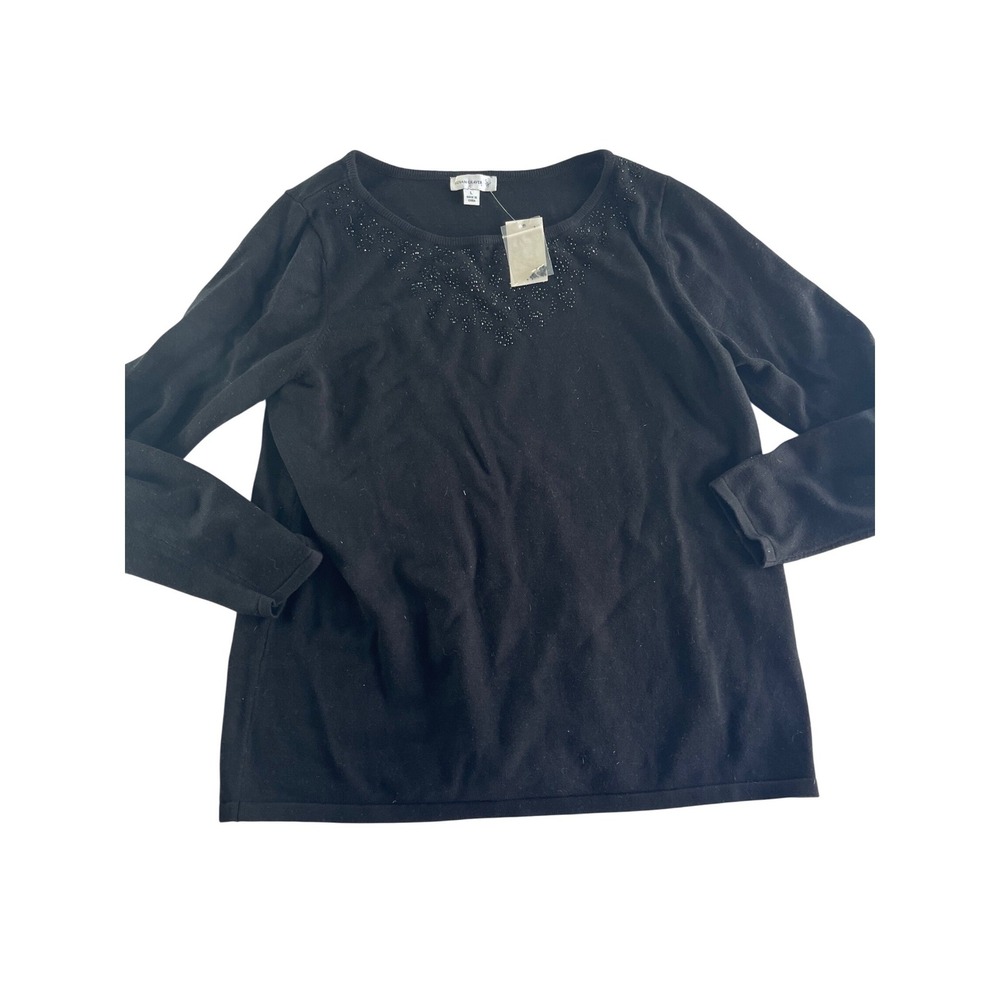 Susan Graver Womens Black Beaded Neckline Cotton Blend Pullover‎ Sweater Size L